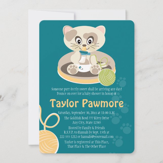 Teal Cat in Diapers Baby Shower Invitation (Front)