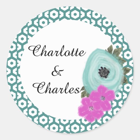Teal Cerise Pink Elegant Watercolor Floral Classic Round Sticker