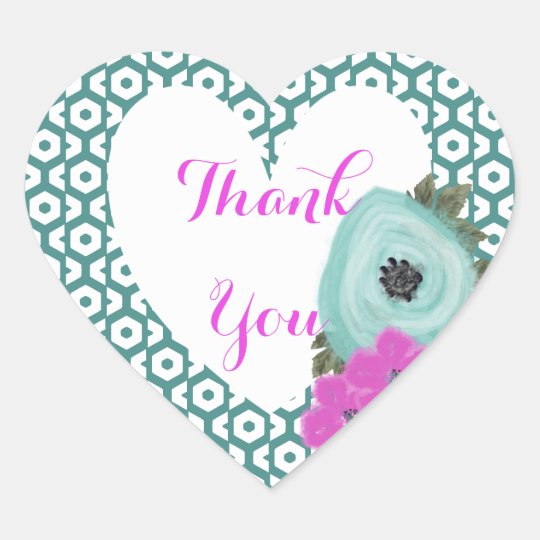 Teal Cerise Pink Elegant Watercolor Floral Heart Sticker