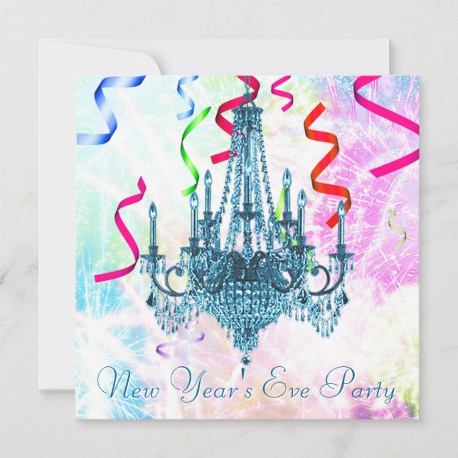 Teal Chandelier Confetti Fireworks New Years Eve Invitation (Front)