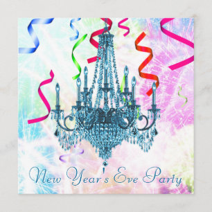 Teal Chandelier Confetti Fireworks New Years Eve Invitation