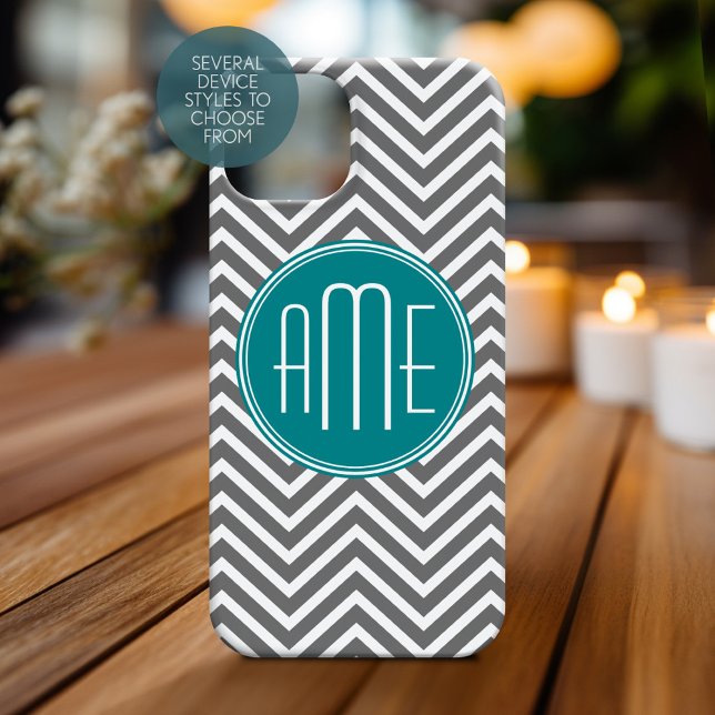 Teal Charcoal Chevrons Custom Monogram Case-Mate iPhone Case (Personalized Phone Case with Monogram)