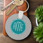Teal Charcoal Chevrons Custom Monogram Keychain<br><div class="desc">Blue and Grey - A bold art deco pattern in fresh,  cheerful colours. If you need to adjust the monograms,  click on the customize it button and make changes.</div>