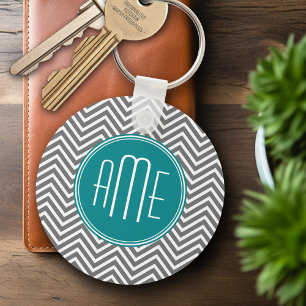 Teal Charcoal Chevrons Custom Monogram Keychain