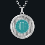 Teal Charcoal Chevrons Custom Monogram Silver Plated Necklace<br><div class="desc">Blue and Grey - A bold art deco pattern in fresh,  cheerful colours. If you need to adjust the monograms,  click on the customize it button and make changes.</div>