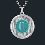 Teal Charcoal Chevrons Custom Monogram Silver Plated Necklace<br><div class="desc">Blue and Grey - A bold art deco pattern in fresh,  cheerful colours. If you need to adjust the monograms,  click on the customize it button and make changes.</div>