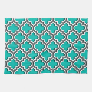 Teal Charcoal Grey White Moroccan Quatrefoil #5DS Kitchen Towel