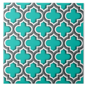 Teal Charcoal Grey White Moroccan Quatrefoil #5DS Tile
