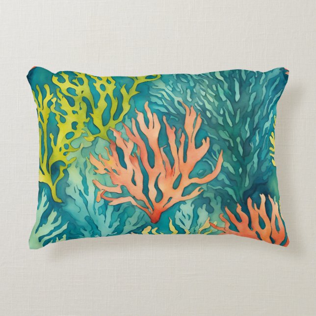 Teal Chartreuse Green Orange Coral Reef Beachy Accent Pillow (Front)