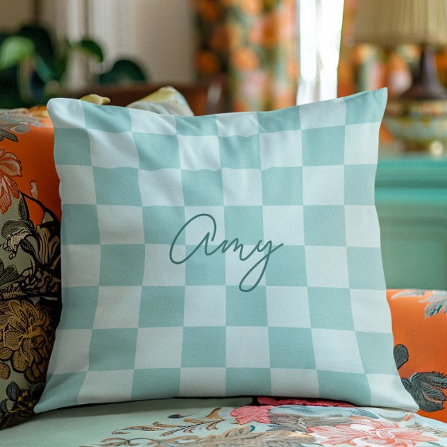 Teal Checkers Monoline Name Throw Pillow (Teal Checkers Monoline Name Throw Pillow)