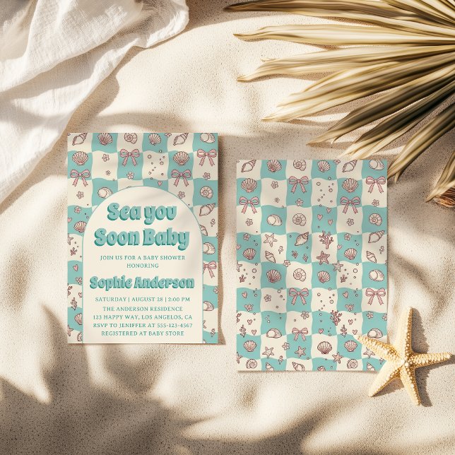 Teal Chequerboard Seashell Bow Baby Shower Invitation (Creator Uploaded)