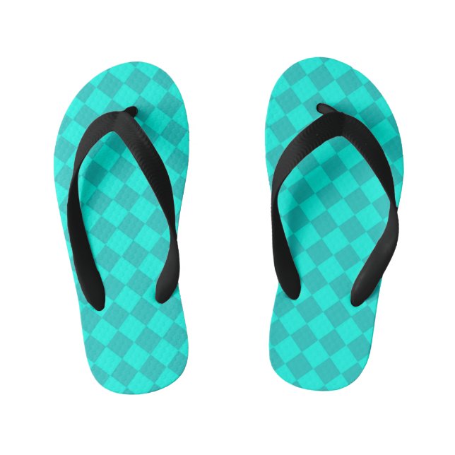 Teal Chequered Diamond Pattern  Kid's Flip Flops (Footbed)