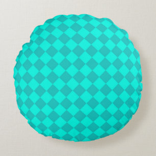Teal Chequered Diamond Pattern Round Pillow