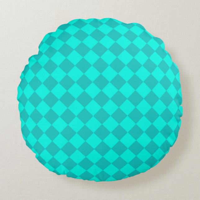 Teal Chequered Diamond Pattern  Round Pillow (Front)