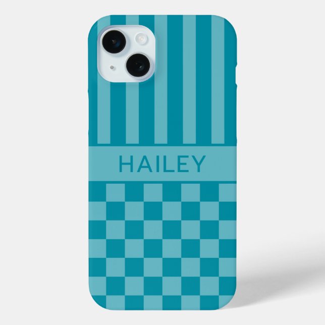 Teal Chequered Striped Personalized Case (Back)