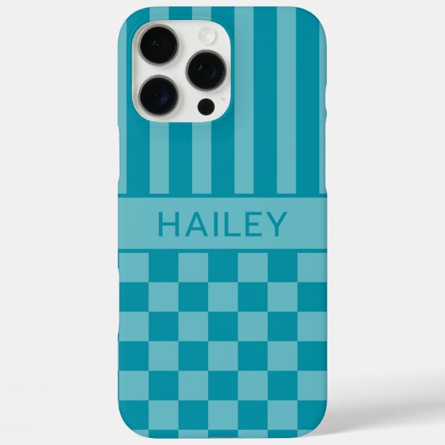 Teal Chequered Striped Personalized Case-Mate iPhone Case (Back)