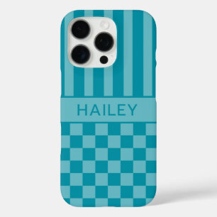 Teal Chequered Striped Personalized iPhone 16 Pro Case