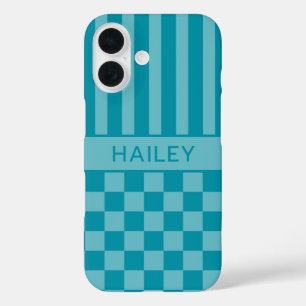 Teal Chequered Striped Personalized iPhone 16 Case