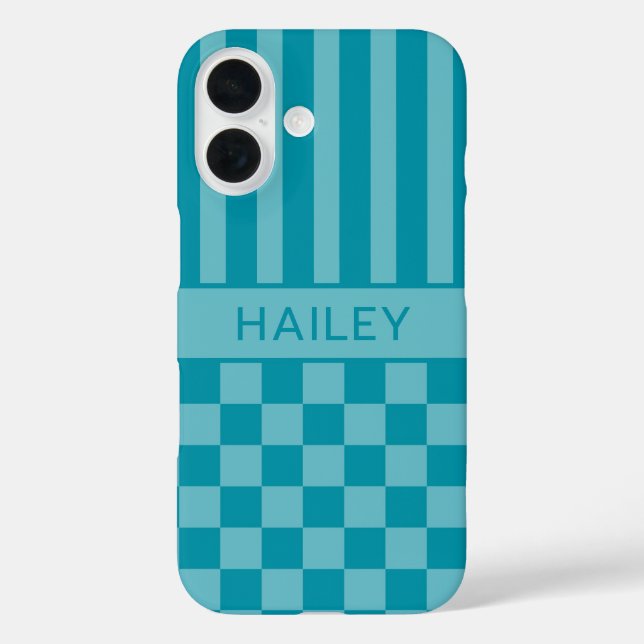 Teal Chequered Striped Personalized Case-Mate iPhone Case (Back)