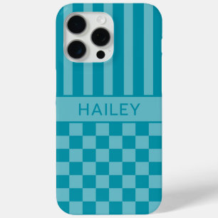 Teal Chequered Striped Personalized iPhone 15 Pro Max Case