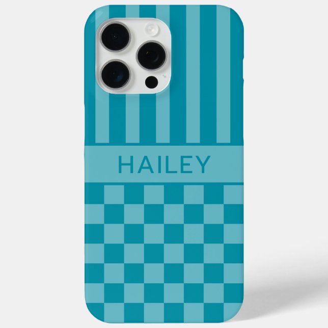 Teal Chequered Striped Personalized Case-Mate iPhone Case (Back)