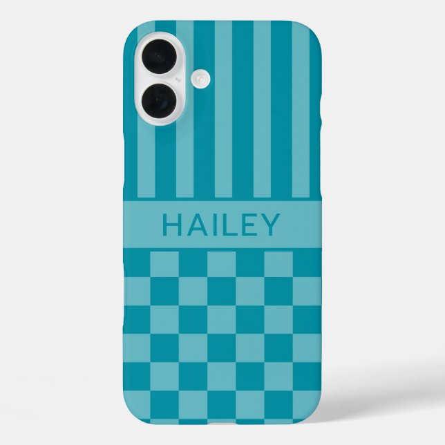 Teal Chequered Striped Personalized Case-Mate iPhone Case (Back)