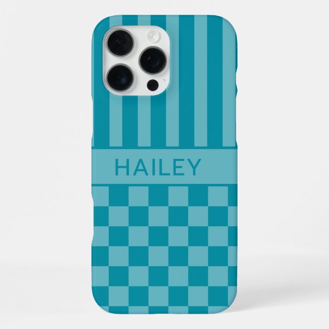 Teal Chequered Striped Personalized iPhone Case (Back)