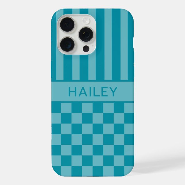 Teal Chequered Striped Personalized iPhone Case (Back)
