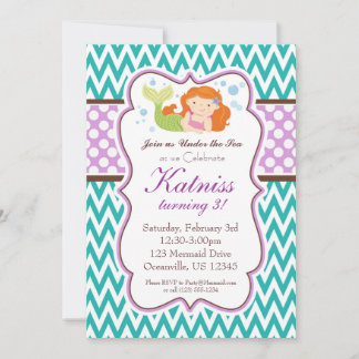 Teal Chevron and Purple Polka Dot Mermaid Birthday Invitation