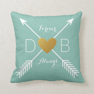 Teal Chevron Gold Heart White Arrows Initials Throw Pillow