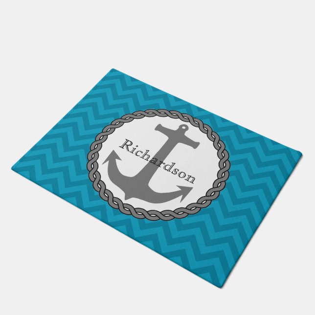 Teal Chevron Nautical Anchor Personalized Doormat (Angled)