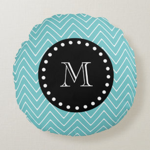 Teal Chevron Pattern   Black Monogram Round Pillow