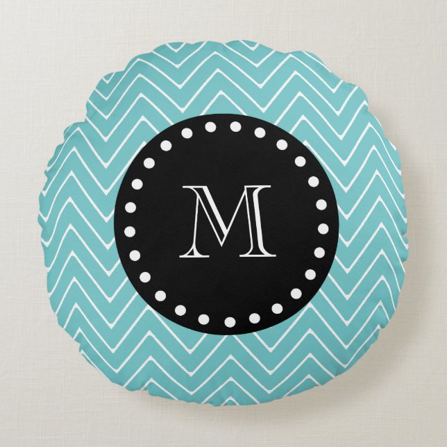 Teal Chevron Pattern | Black Monogram Round Pillow (Front)