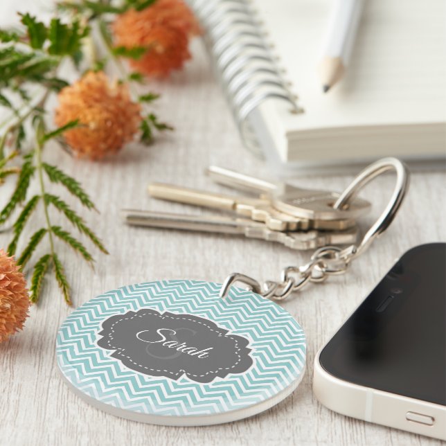 Teal Chevron Personalize Acrylic Keychain (Front Right)