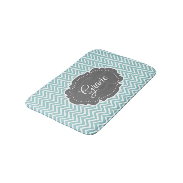 Teal Chevron Personalized Bath Mat (Angled)