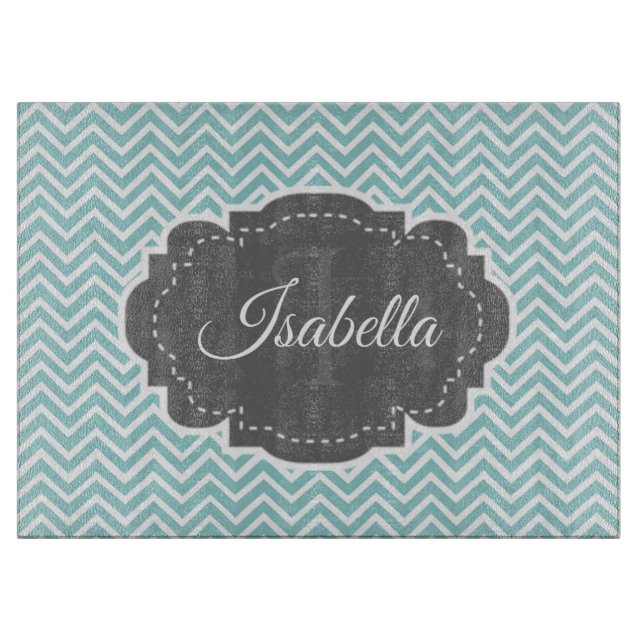 Teal Chevron Personalized Cutting Board (Front)
