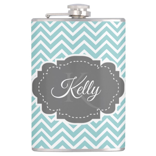Teal Chevron Personalized Flask (Front)