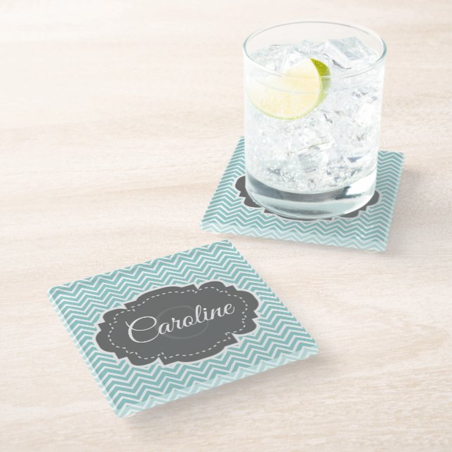 Teal Chevron Personalized Glass Coaster (Angled)