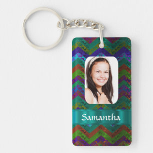 Teal chevron personalized photo template keychain