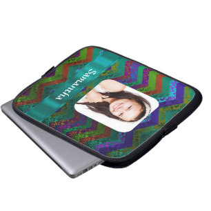 Teal chevron personalized photo template laptop sleeve