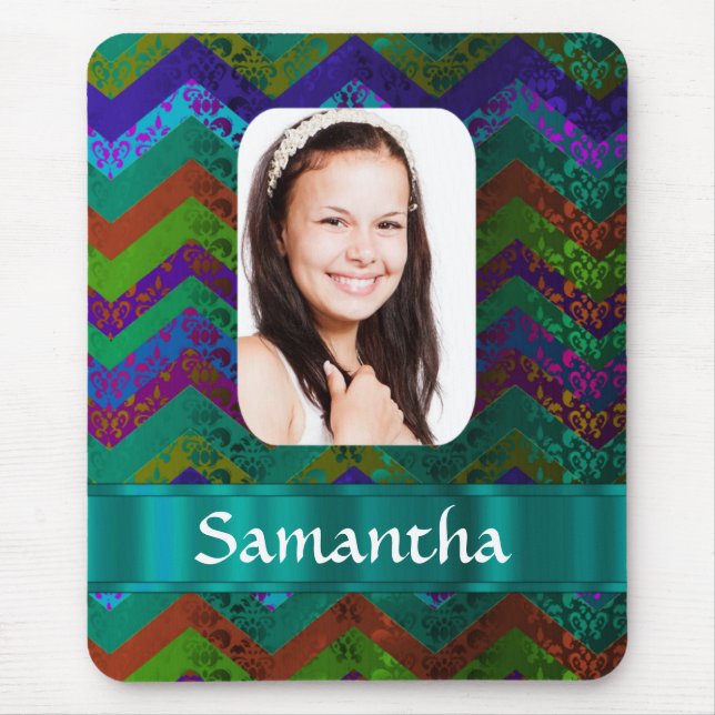 Teal chevron personalized photo template mouse pad (Front)