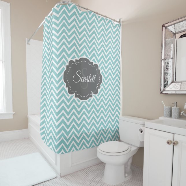 Teal Chevron Personalized Shower Curtain (In Situ)