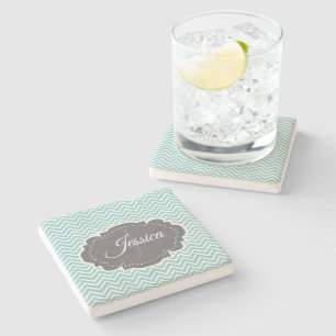Teal Chevron Personalized  Stone Coaster