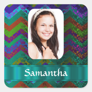 Teal chevron photo template square sticker