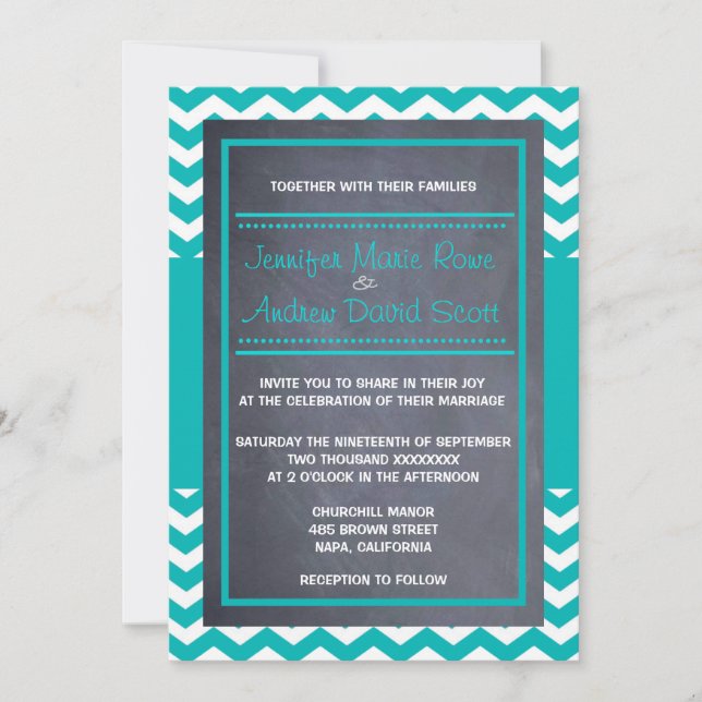 Teal Chevron Wedding Invitation (Front)