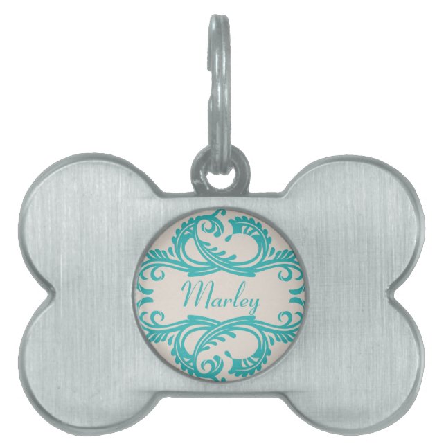 Teal Chic Damask Pet Tag (Front)