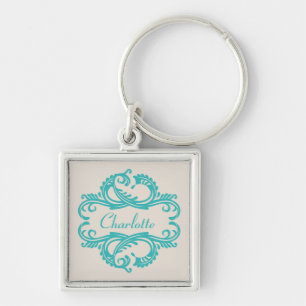 Teal Chic Damask Premium Keychain