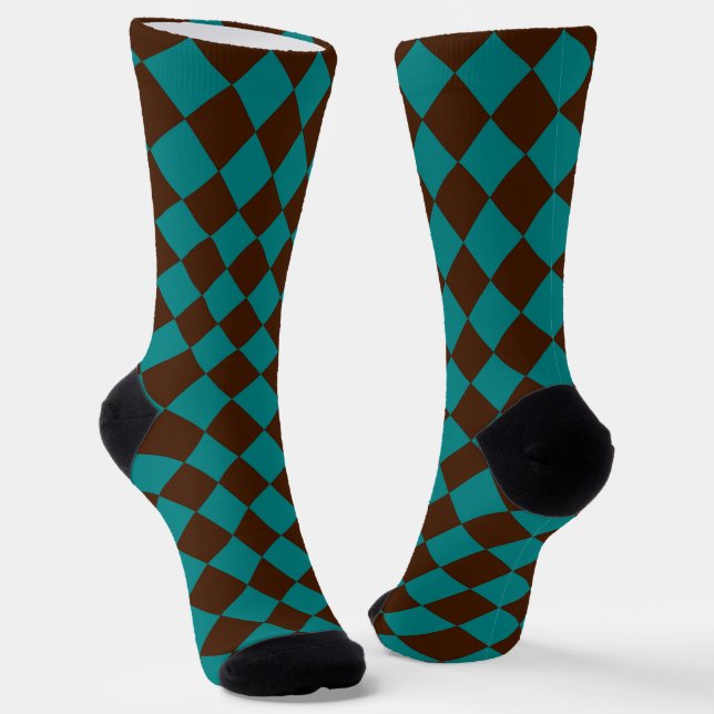 Teal Chocolate Brown Chequered Diamond Pattern Socks (Angled)