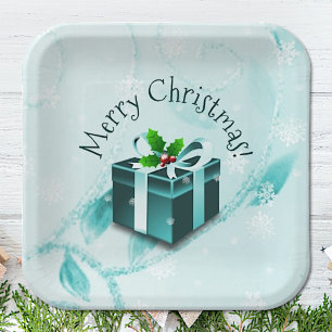 Teal Christmas Gift Paper Plate