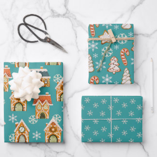 Teal Christmas Gingerbread Cookies Snowflakes Wrapping Paper Sheet